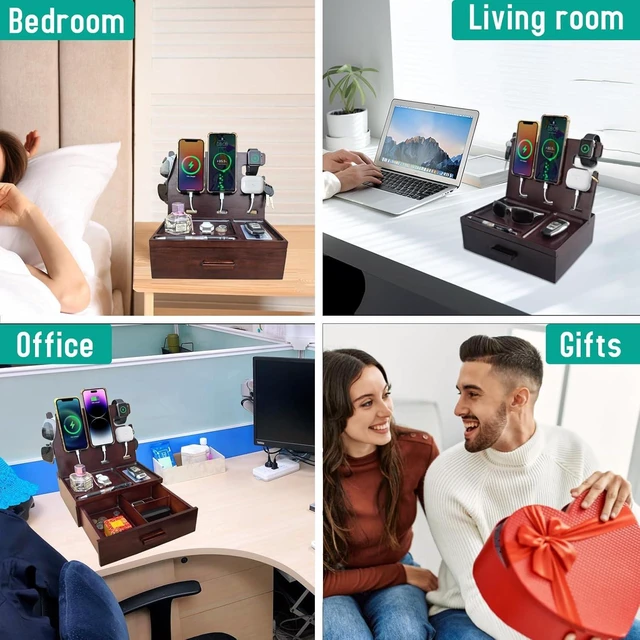 Alt view image 7 of 7 - Nightstand Organizer with Drawer Built in 4 USB Quick Charger, Wood Phone Docking Station with Dual Phone Charging Station for Android Phones Anniversary Birthday Gifts for Men Dad Hunsband Mom