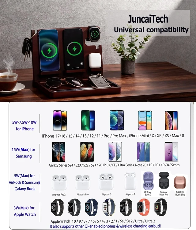 Alt view image 3 of 7 - Nightstand Organizer with Dual 15W Phone Wireless Charging Station for 2 iPhone, Watch and Airpods,Bamboo Wood Phone Docking Station,Gifts for Men Dad Husband