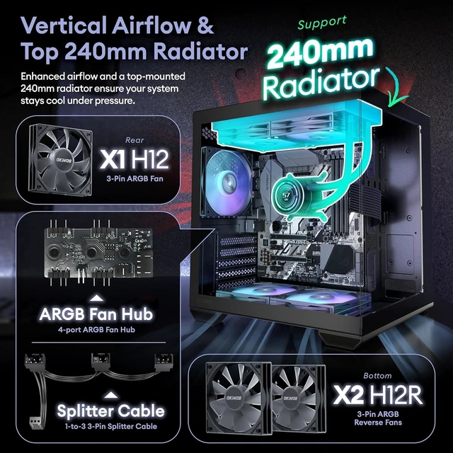 Alt view image 2 of 7 - MATX PC Case, Top 240mm Radiator Support, 5 PCIe Slots for Max GPU Cooling, Extra Space for 160mm PSU & Easy Cable Management, 3×120mm ARGB Fan with Controller (Non-PWM), Type-C, Mirage 4 Black