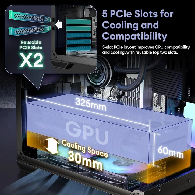 Alt view image 3 of 7 - MATX PC Case, Top 240mm Radiator Support, 5 PCIe Slots for Max GPU Cooling, Extra Space for 160mm PSU & Easy Cable Management, 3×120mm ARGB Fan with Controller (Non-PWM), Type-C, Mirage 4 Black