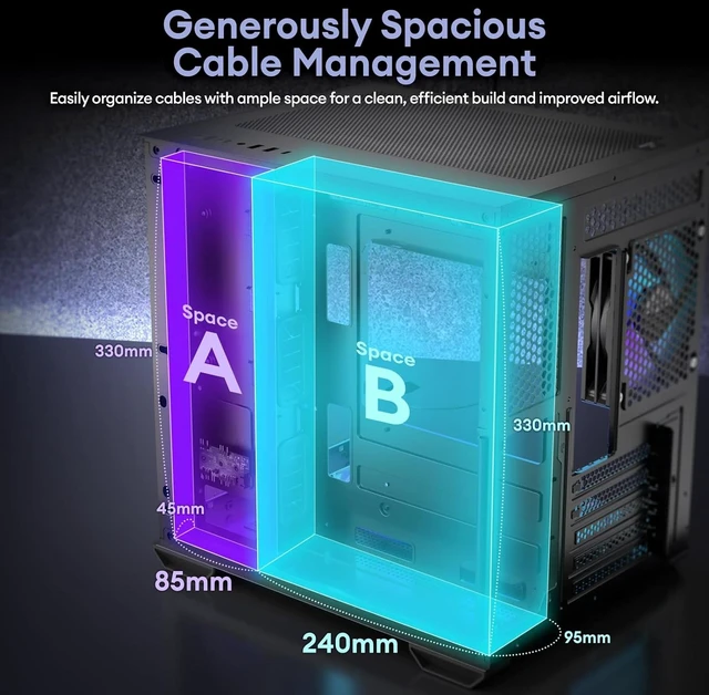 Alt view image 5 of 7 - MATX PC Case, Top 240mm Radiator Support, 5 PCIe Slots for Max GPU Cooling, Extra Space for 160mm PSU & Easy Cable Management, 3×120mm ARGB Fan with Controller (Non-PWM), Type-C, Mirage 4 Black