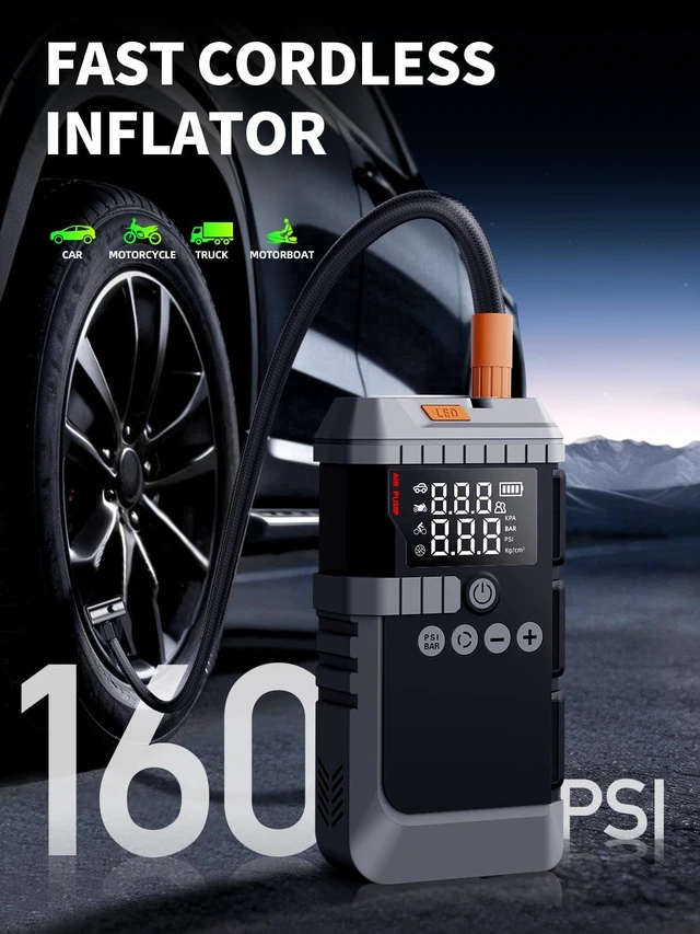 Alt view image 2 of 7 - Portable Car Battery Jump Starter with Air Compressor, 6000A Car Jumper Starter Portable, 45W Fast Charge Jump Box,160PSI Auto-Shut Off Tire Inflator,LED Light, Jumper Cables,Gloves
