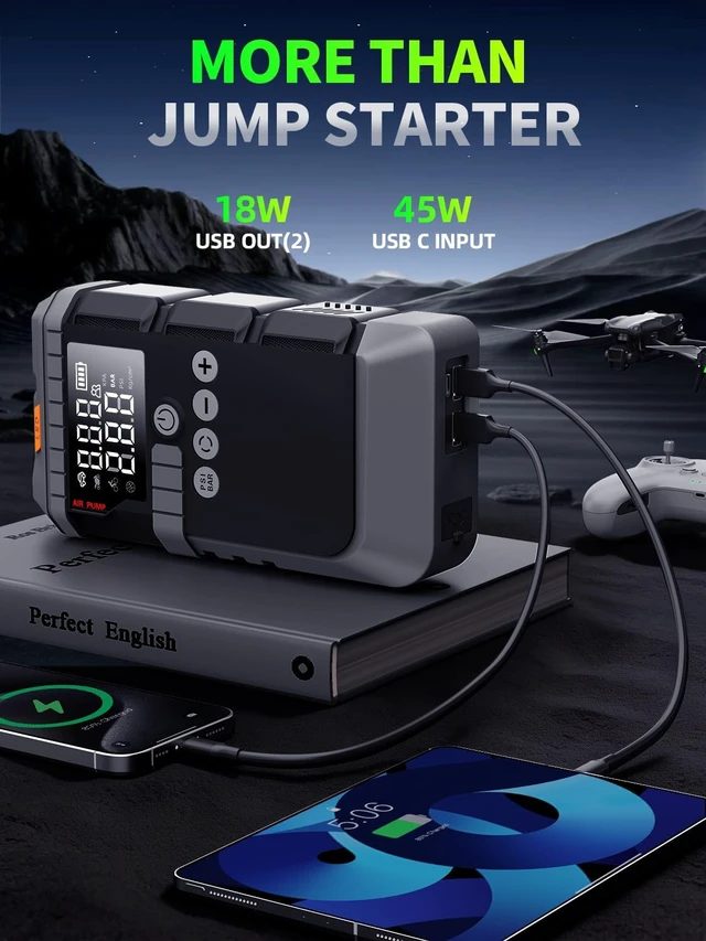 Alt view image 5 of 7 - Portable Car Battery Jump Starter with Air Compressor, 6000A Car Jumper Starter Portable, 45W Fast Charge Jump Box,160PSI Auto-Shut Off Tire Inflator,LED Light, Jumper Cables,Gloves
