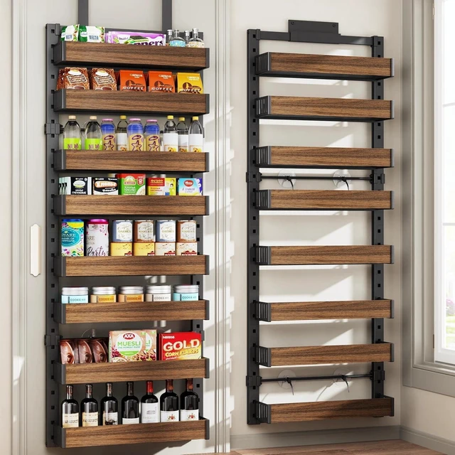 Main image of 8 Tier Over the Door Pantry Organizer with Adjustable Wooden Baskets, Heavy Duty 2 in 1 Wall Mounted & Hanging Spice Rack for Kitchen, Cabinet and Closet Organization