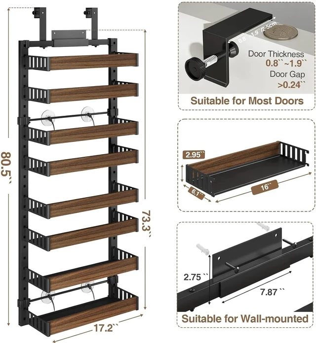 Alt view image 2 of 7 - 8 Tier Over the Door Pantry Organizer with Adjustable Wooden Baskets, Heavy Duty 2 in 1 Wall Mounted & Hanging Spice Rack for Kitchen, Cabinet and Closet Organization