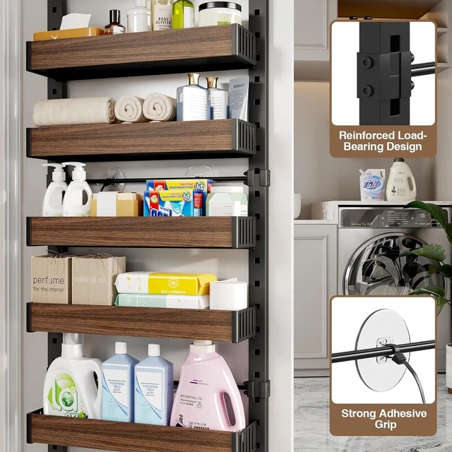 Alt view image 3 of 7 - 8 Tier Over the Door Pantry Organizer with Adjustable Wooden Baskets, Heavy Duty 2 in 1 Wall Mounted & Hanging Spice Rack for Kitchen, Cabinet and Closet Organization