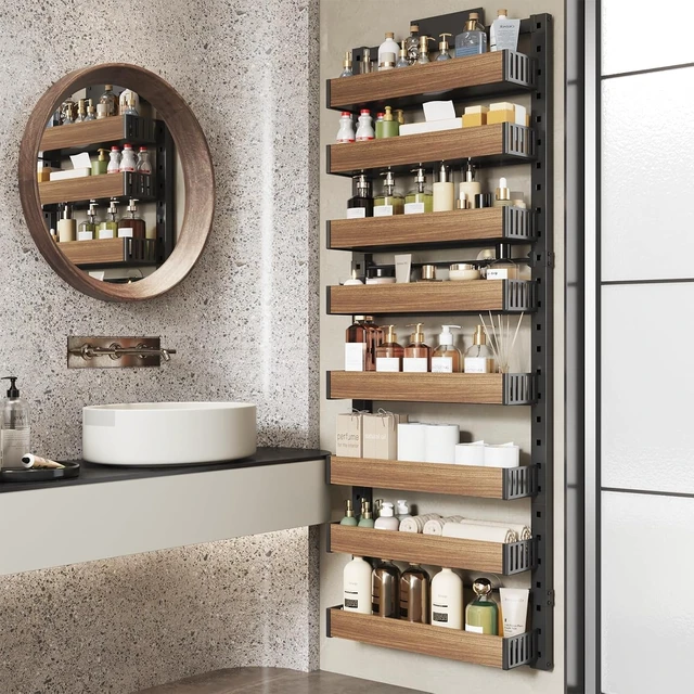 Alt view image 5 of 7 - 8 Tier Over the Door Pantry Organizer with Adjustable Wooden Baskets, Heavy Duty 2 in 1 Wall Mounted & Hanging Spice Rack for Kitchen, Cabinet and Closet Organization