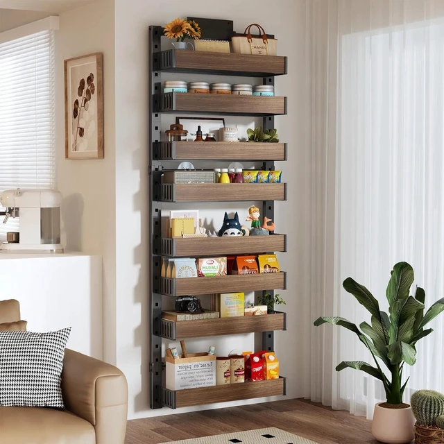 Alt view image 6 of 7 - 8 Tier Over the Door Pantry Organizer with Adjustable Wooden Baskets, Heavy Duty 2 in 1 Wall Mounted & Hanging Spice Rack for Kitchen, Cabinet and Closet Organization