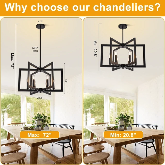 Alt view image 4 of 7 - 22" Black Chandelier for Dining Room, 6-Light Geometric Farmhouse Dining Room Fixture, Modern Foyer Lighting Fixtures, Industrial Hanging Pendant Lights for Kitchen Island, Living Room, Entryway