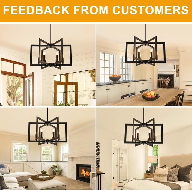 Alt view image 3 of 7 - 22" Black Chandelier for Dining Room, 6-Light Geometric Farmhouse Dining Room Fixture, Modern Foyer Lighting Fixtures, Industrial Hanging Pendant Lights for Kitchen Island, Living Room, Entryway