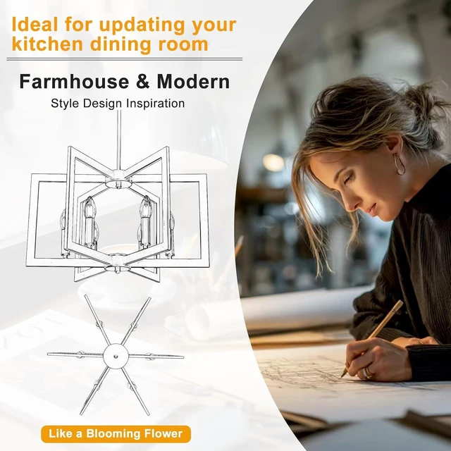 Alt view image 7 of 7 - 22" Black Chandelier for Dining Room, 6-Light Geometric Farmhouse Dining Room Fixture, Modern Foyer Lighting Fixtures, Industrial Hanging Pendant Lights for Kitchen Island, Living Room, Entryway