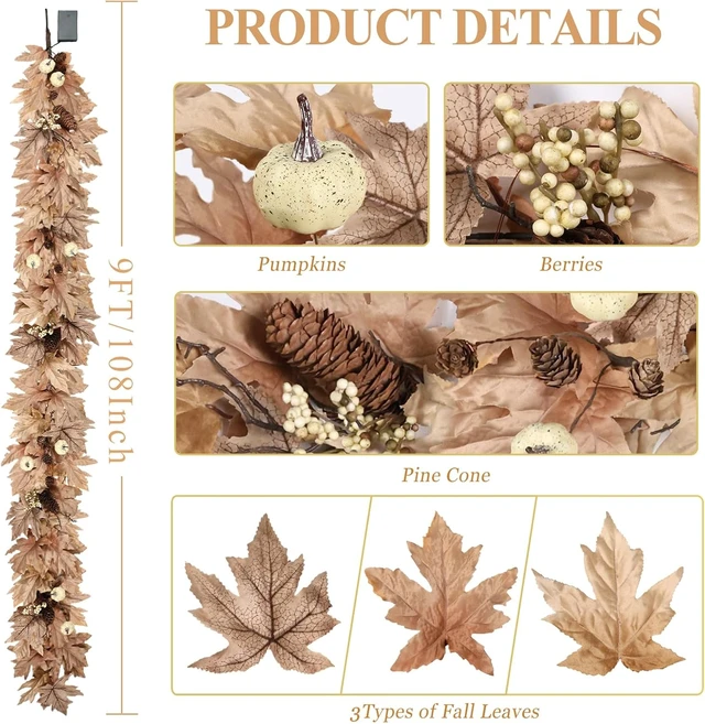 Alt view image 4 of 7 - 9 FT Lighted Fall Garland with Lights Autumn Automatic ON/Off Timer