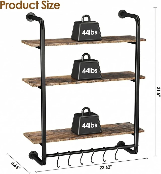 Alt view image 2 of 7 - 3 Tier Industrial Pipe Floating Shelf, 24" Kitchen Wall Shelves