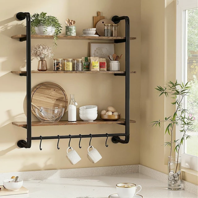 Alt view image 4 of 7 - 3 Tier Industrial Pipe Floating Shelf, 24" Kitchen Wall Shelves
