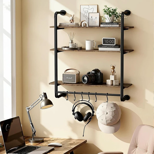 Alt view image 5 of 7 - 3 Tier Industrial Pipe Floating Shelf, 24" Kitchen Wall Shelves