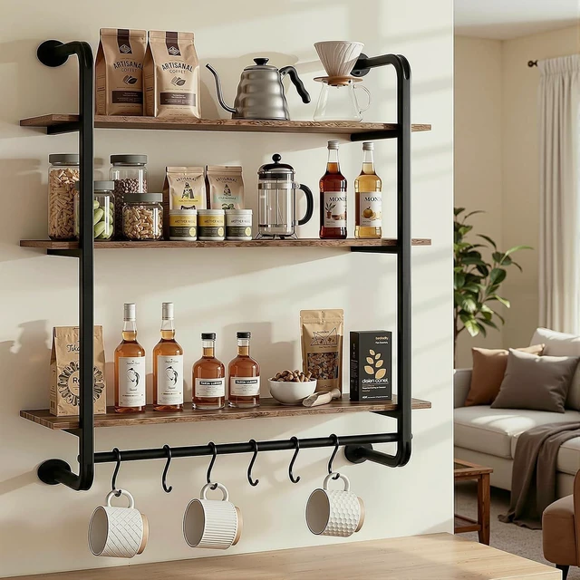 Alt view image 6 of 7 - 3 Tier Industrial Pipe Floating Shelf, 24" Kitchen Wall Shelves