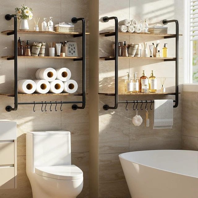 Alt view image 7 of 7 - 3 Tier Industrial Pipe Floating Shelf, 24" Kitchen Wall Shelves