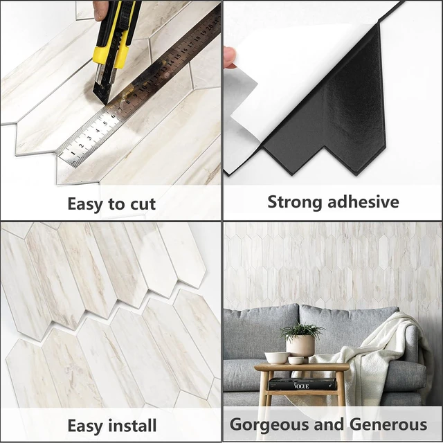 Alt view image 5 of 7 - Glossy Wood Marble Grain Backsplash Tile Peel and Stick, 12.8 x 12.8 Inch 10 Sheets Long Hexagon PVC Self Adhesive Mosaic Wall Tiles Stick on Backsplash for Kitchen and Bathroom