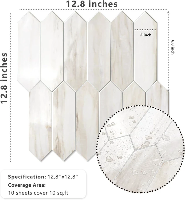 Alt view image 7 of 7 - Glossy Wood Marble Grain Backsplash Tile Peel and Stick, 12.8 x 12.8 Inch 10 Sheets Long Hexagon PVC Self Adhesive Mosaic Wall Tiles Stick on Backsplash for Kitchen and Bathroom