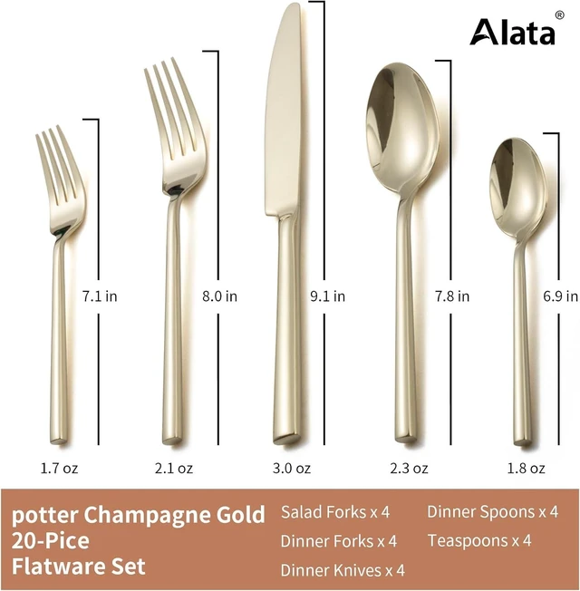 Alt view image 4 of 7 - Potter Champagne Gold 20-Piece Forged Silverware Set, Service for 4, Stainless Steel Flatware Set, Modern Design with Mirror Finish, Ideal for Home, Kitchen, Party, Camping
