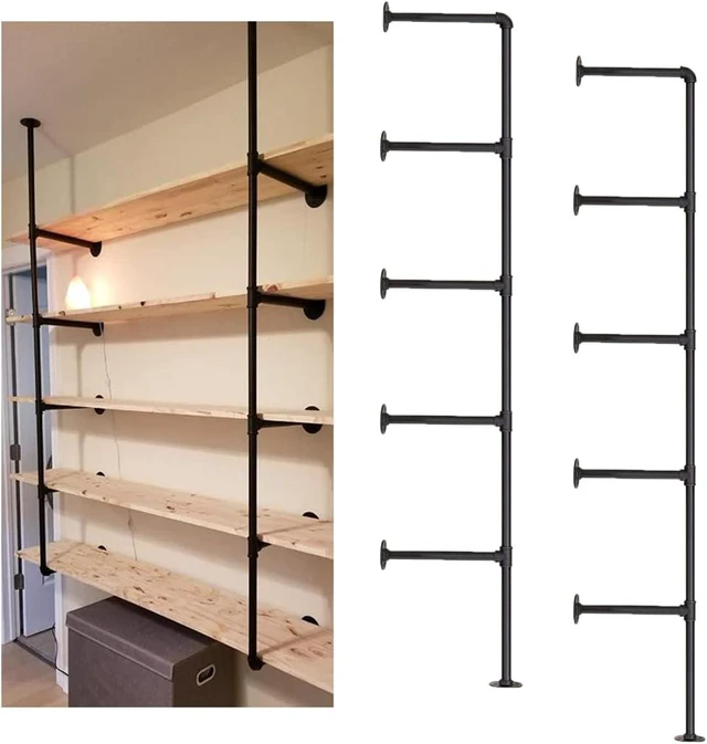 Main image of Industrial Wall Mount Iron Pipe Shelf Shelves Shelving Bracket Black Vintage Retro Ceiling Hung Shelf DIY Open Bookshelf Storage for offcie Room Kitchen (2PcsX5Tier,68" Tall,10" deep,Hardware Only)