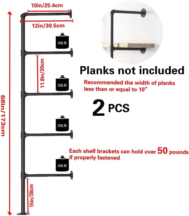 Alt view image 2 of 7 - Industrial Wall Mount Iron Pipe Shelf Shelves Shelving Bracket Black Vintage Retro Ceiling Hung Shelf DIY Open Bookshelf Storage for offcie Room Kitchen (2PcsX5Tier,68" Tall,10" deep,Hardware Only)