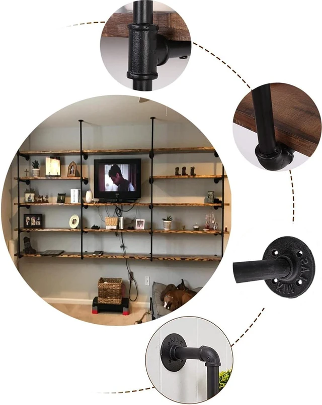 Alt view image 5 of 7 - Industrial Wall Mount Iron Pipe Shelf Shelves Shelving Bracket Black Vintage Retro Ceiling Hung Shelf DIY Open Bookshelf Storage for offcie Room Kitchen (2PcsX5Tier,68" Tall,10" deep,Hardware Only)