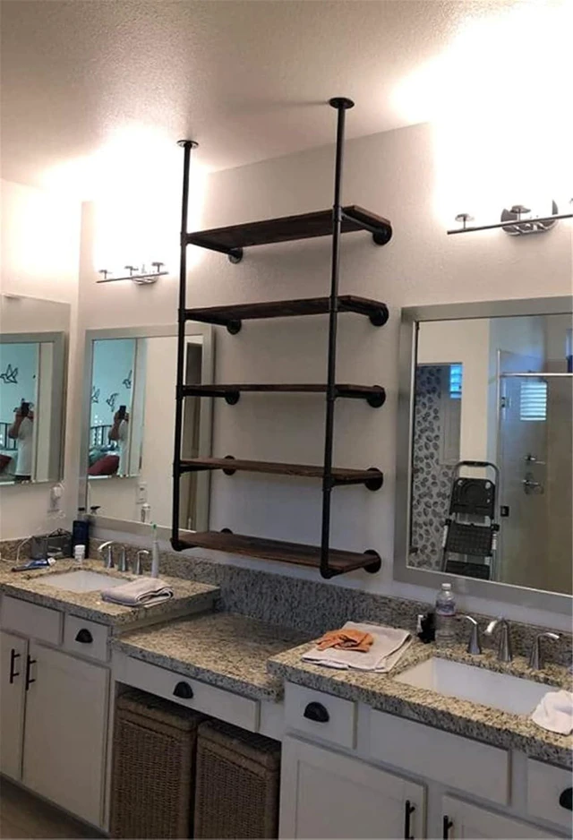 Alt view image 6 of 7 - Industrial Wall Mount Iron Pipe Shelf Shelves Shelving Bracket Black Vintage Retro Ceiling Hung Shelf DIY Open Bookshelf Storage for offcie Room Kitchen (2PcsX5Tier,68" Tall,10" deep,Hardware Only)