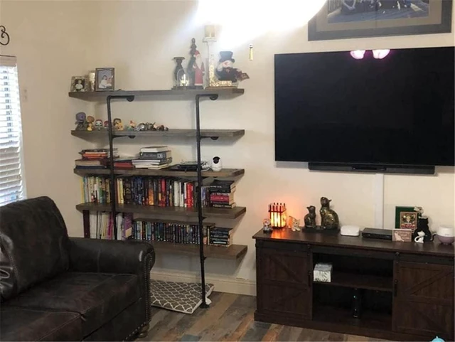 Alt view image 7 of 7 - Industrial Wall Mount Iron Pipe Shelf Shelves Shelving Bracket Black Vintage Retro Ceiling Hung Shelf DIY Open Bookshelf Storage for offcie Room Kitchen (2PcsX5Tier,68" Tall,10" deep,Hardware Only)