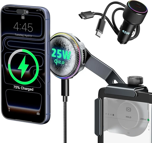 Main image of 25W Wireless Charger Phone Mount for Tesla Model Y/3 with RGB Lighting, Magnetic Extendable Metal Car Holder with Cooling Fan & 45W Adapter, Design for iPhone MagSafe 17/16 Pro Max