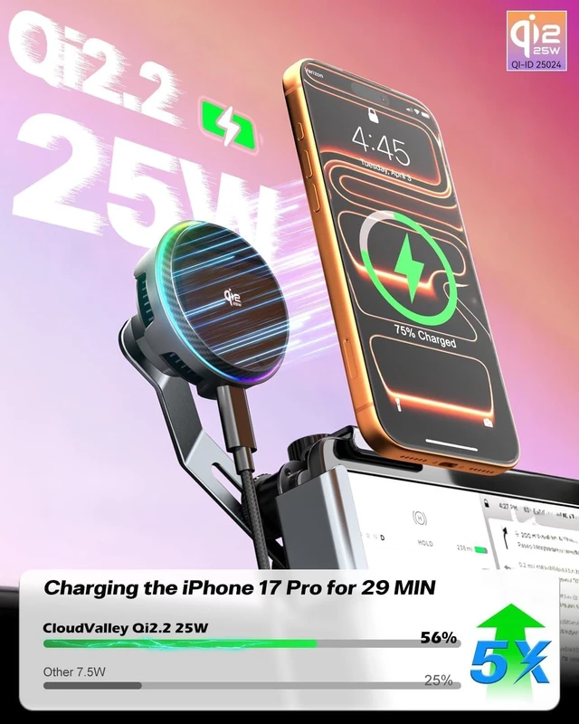 Alt view image 2 of 7 - 25W Wireless Charger Phone Mount for Tesla Model Y/3 with RGB Lighting, Magnetic Extendable Metal Car Holder with Cooling Fan & 45W Adapter, Design for iPhone MagSafe 17/16 Pro Max