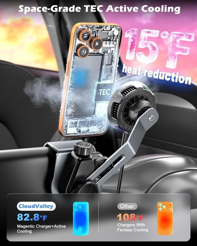 Alt view image 3 of 7 - 25W Wireless Charger Phone Mount for Tesla Model Y/3 with RGB Lighting, Magnetic Extendable Metal Car Holder with Cooling Fan & 45W Adapter, Design for iPhone MagSafe 17/16 Pro Max