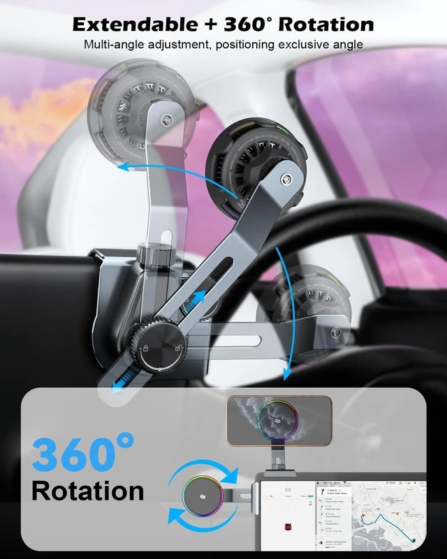 Alt view image 5 of 7 - 25W Wireless Charger Phone Mount for Tesla Model Y/3 with RGB Lighting, Magnetic Extendable Metal Car Holder with Cooling Fan & 45W Adapter, Design for iPhone MagSafe 17/16 Pro Max