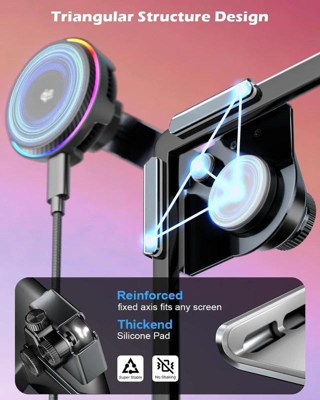 Alt view image 6 of 7 - 25W Wireless Charger Phone Mount for Tesla Model Y/3 with RGB Lighting, Magnetic Extendable Metal Car Holder with Cooling Fan & 45W Adapter, Design for iPhone MagSafe 17/16 Pro Max