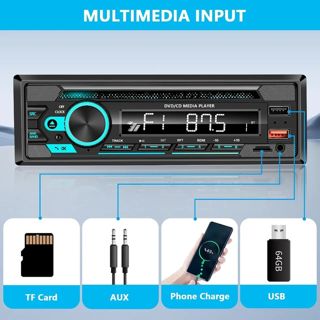 Alt view image 7 of 7 - Single Din Radio Car Stereo with CD/DVD Player & Bluetooth, FM, USB/AUX