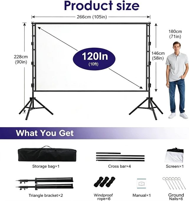 Alt view image 6 of 7 - Outdoor Projector Screen with Stand, 120 inch Indoor Movie Screen 16:9 4K Rear Front Portable Projection Screen, Quick Setup Foldable Travel Home Theater Screen with Carry Bag for Backyard Camping
