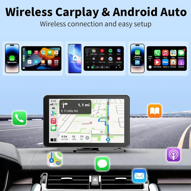Alt view image 2 of 7 - CarPlay Screen for Car, 9'' Wireless CarPlay & Android Auto - Smart Portable Touchscreen with Bluetooth/FM, Mirror Link, Voice Control, GPS Navigation, Hands-Free Calling, Plug & Play Car Play Screen