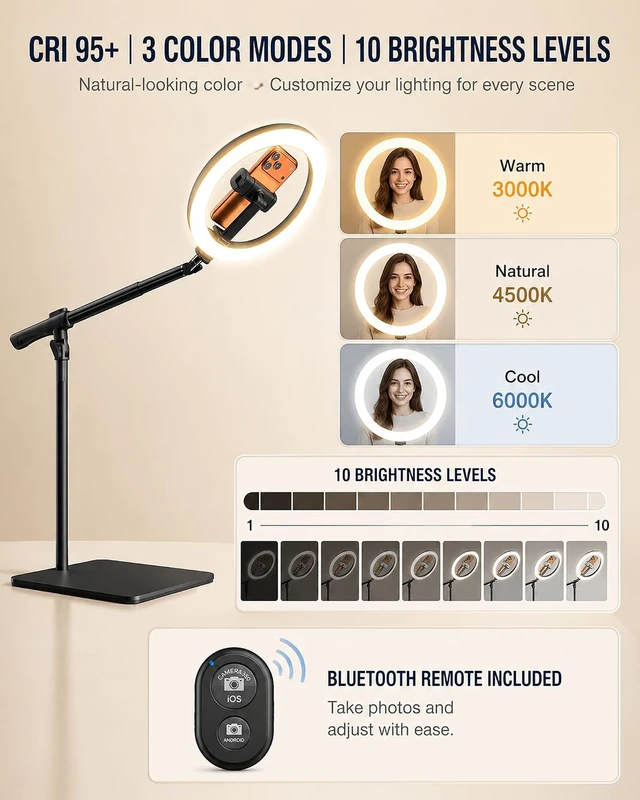 Alt view image 3 of 7 - 10" Overhead Ring Light for Desk with Weighted Base, Freestanding Telescopic Phone Mount, Phone Stand with Light & Remote for Video Recording, Cooking, Crafts, Live Streaming