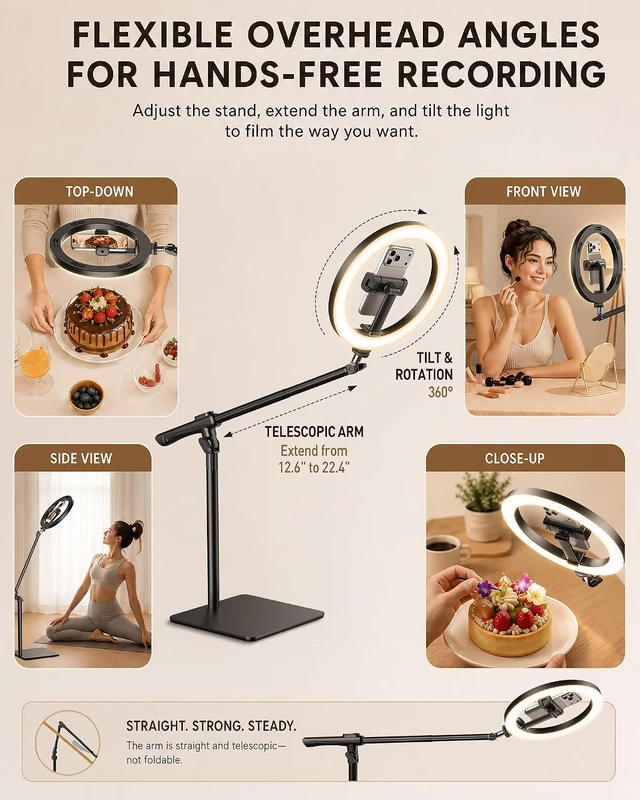 Alt view image 4 of 7 - 10" Overhead Ring Light for Desk with Weighted Base, Freestanding Telescopic Phone Mount, Phone Stand with Light & Remote for Video Recording, Cooking, Crafts, Live Streaming