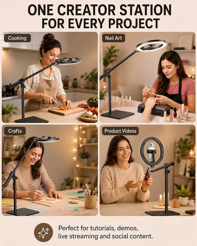 Alt view image 5 of 7 - 10" Overhead Ring Light for Desk with Weighted Base, Freestanding Telescopic Phone Mount, Phone Stand with Light & Remote for Video Recording, Cooking, Crafts, Live Streaming