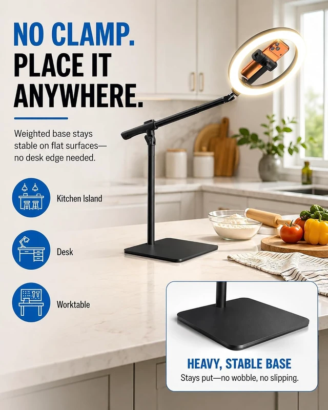Alt view image 2 of 7 - 10" Overhead Ring Light for Desk with Weighted Base, Freestanding Telescopic Phone Mount, Phone Stand with Light & Remote for Video Recording, Cooking, Crafts, Live Streaming