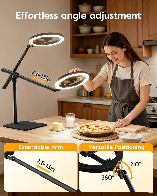 Alt view image 6 of 7 - 10" Overhead Ring Light for Desk with Weighted Base, Freestanding Telescopic Phone Mount, Phone Stand with Light & Remote for Video Recording, Cooking, Crafts, Live Streaming