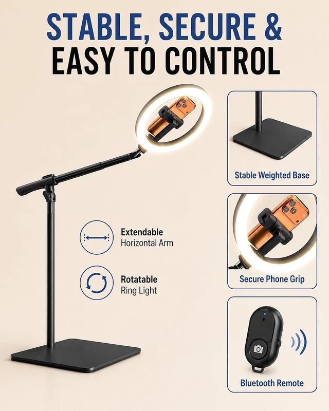 Alt view image 7 of 7 - 10" Overhead Ring Light for Desk with Weighted Base, Freestanding Telescopic Phone Mount, Phone Stand with Light & Remote for Video Recording, Cooking, Crafts, Live Streaming