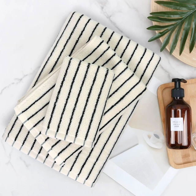 Alt view image 3 of 7 - 8 Piece Black and Ivory Towel Set, Super Soft & Absorbent Cotton Striped