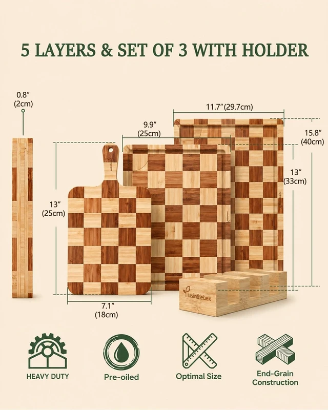 Alt view image 5 of 7 - Cutting Board Set of 3 with Holder Checkered Cutting Boards for Kitchen