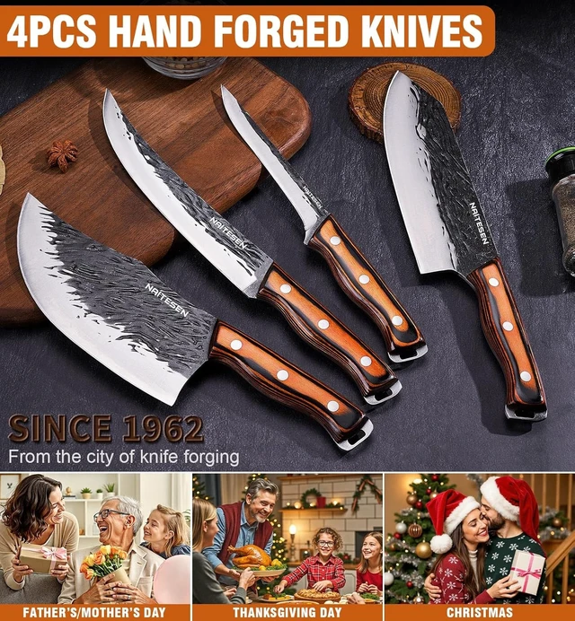 Alt view image 7 of 7 - 4PCS Hand Forged Butcher Knife Set, Kitchen Knives Gift for Men Women