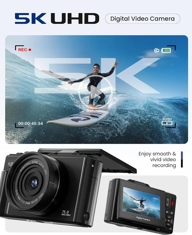 Alt view image 2 of 7 - 5K Digital Camera for Photography - 75MP Autofocus Vlogging Camera with 64GB SD Card, WiFi, 18X Zoom 3" 180° Flip Screen Compact Travel Camera with 2 Batteries for Teens and Beginner
