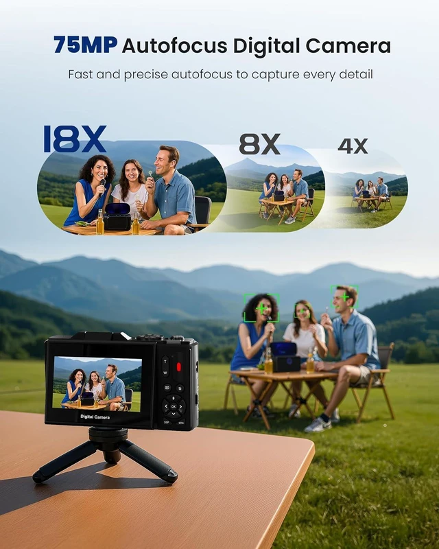 Alt view image 3 of 7 - 5K Digital Camera for Photography - 75MP Autofocus Vlogging Camera with 64GB SD Card, WiFi, 18X Zoom 3" 180° Flip Screen Compact Travel Camera with 2 Batteries for Teens and Beginner