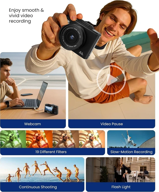 Alt view image 6 of 7 - 5K Digital Camera for Photography - 75MP Autofocus Vlogging Camera with 64GB SD Card, WiFi, 18X Zoom 3" 180° Flip Screen Compact Travel Camera with 2 Batteries for Teens and Beginner