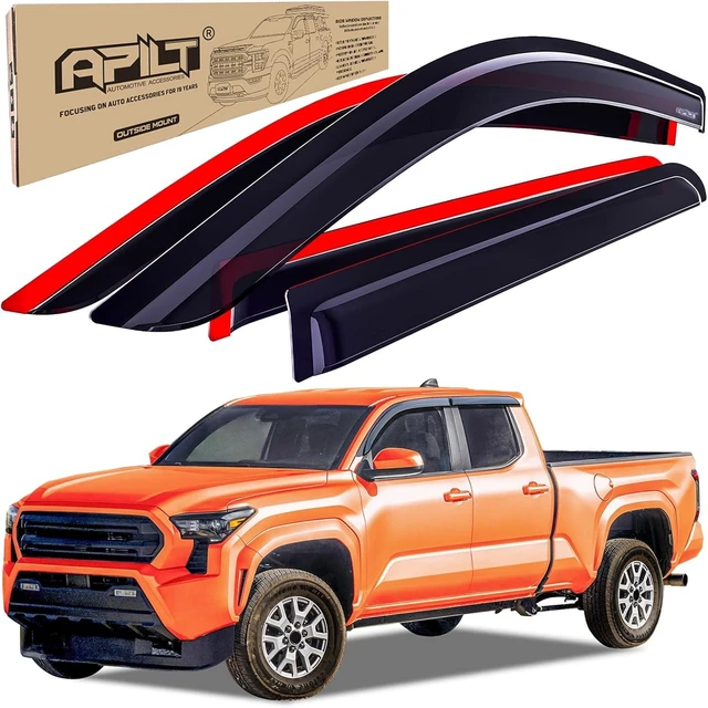 Main image of Outside-Mount Rain Guards Window Visors for 2024-2026 Toyota Tacoma Double Cab Wind Vent Deflectors Truck Accessories Dark Smoke 4-Piece Set with Thicker